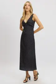 Black Polka Dot Maxi Dress V-neck - Size 16XL, Women's Maxi Dress
