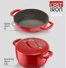 Tupperware Cast Iron 3 Piece Set 26cm Skillet AND 5.4L Cocotte Pot Red New