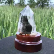 Top! 0.36kg Natural Ghost Quartz Obelisk Reiki Crystal Wand Point Tower + Stand