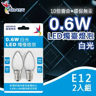 【ADATA 威剛】0.6W LED 燭檯燈泡 2入 E12接頭 環保無汞 省電 神明燈(符合CNS國家標準 節能 省電)