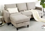Advwin 3 Seater Sofa Convertible Corner Lounge Chaise with Storage Ottoman Linen Beige