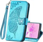 for Samsung Galaxy S10e Phone Case Wallet,Women Flip Folio PU Leather Protective Case Wrist Strap Card Slots Holder Pocket Emboss Butterfly Flower Stand Flip Case for Samsung Galaxy S10e Blue