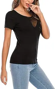 [Zylphorix] Women Sexy Round V-Neck Mesh T-Shirt Back Transparent Yarn Short Sleeve Pullover Tee Slim Lace Perspective Blouse Top