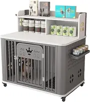 Wooden dog crate, portable dog crate, dog crate with shelves, side with small storage board for cans, bottom with dog toilet + universal wheels, suitable for small and medium-sized dogs(White+grey)
