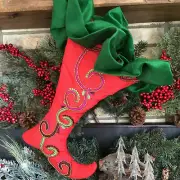 TWO'S COMPANY QUIRKY CHRISTMAS STOCKING CURLED TOE RUFFLED CUFF RED GREEN BEADED
