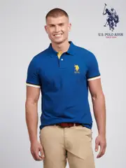 U.S. Polo Assn Blue Mens Pop Colour Pique 100% Cotton Polo Shirt (AW1587) | $127