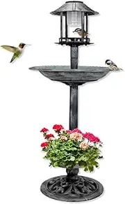 Solar Light Bird Bath with Feeder, 108 cm x 50 cm Size, Silver/Black