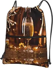 EdWal Wine Cup Print Drawstring Backpack Gym Bags Sports Bags With Zipper Pocket For Travel Beach, Black, One Size