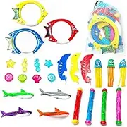25Pcs Pool Toys Set with Diving Stick, Shark, Rings, Gemstone, Dolphin - Underwater Swimming Toys for Diving Game Kit with Storage Net Bag