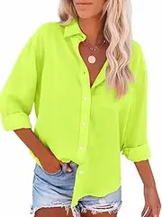 [Paintcolors] Women's Stripes Button Down Shirts Roll-up Sleeve Tops V Neck Collared Casual Work Blouses Tunics with Pockets