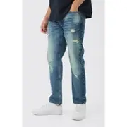 Mens Vintage Blue Straight Leg Rigid Subtle Ripped Jeans