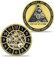 12 Steps Sobriety Coin, AA Recovery Medallion with Clock & Gear Design, One Day at a Time Sober Token for Alcoholics Anonymous, Inspirational AA Chip Gift for Men & Women