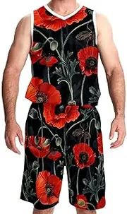 [KQNZT] Basketball Jersey with Shorts, Outfit Tank Top Track Shorts, Hip hop Clothing for Party, Corn Poppy Retro Red Floral