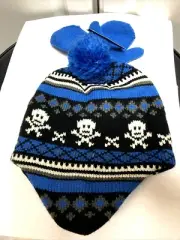 Faded Glory Kids One Size Acrylic Skull And Crossbones Cap Beanie + Blue Gloves