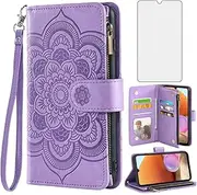 Asuwish Compatible with Samsung Galaxy A32 4G 6.4 inch Wallet Case and Tempered Glass Screen Protector Leather Flip Card Holder Cell Phone Cover for Glaxay A 32 32A S32 G4 SM-A325M/DS Women Men Purple
