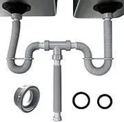 VIVIDA Double Sink Drain Pipe Kit, 1-1/2" Flexible Drain Pipe, 11"-31.5" Expandable Flexible P Trap for Double Kitchen Sink, 1-1/4" Adapter Included, Gray, 1 PACK
