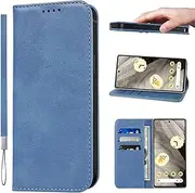 [LANJLM] Google Pixel 8A Case with Wrist Strap PU Leather Pixel 8A Wallet Case Card Holder Shockproof Google 8 A Flip Cover - Blue