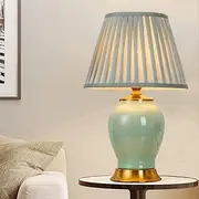 Mengjay Table Lamp Ceramic, Vintage Bedside Lamp Linen Lampshade Desk Lamp, Bedroom/Living Room/Dining Room/Dining Room (Green)