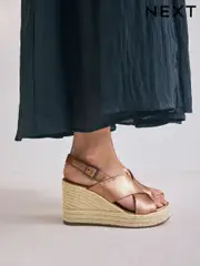 Gold Standard/Wide Fit Forever Comfort® Leather Round Toe Cross-Over Slingback Platform Wedges (AV7759) | $92