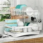 7 code Large Dish Drying Rack, 2-Tier Dish Racks for Kitchen Counter, Detachable Large Capacity Dish Drainer Organizer with Utensil Holder, Dish Drying Rack with Drain Board, White Kitchen Accessories