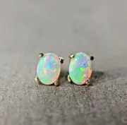 Natural 2.00 Carat Opal Oval Shape Stud Earrings 18K Yellow Gold