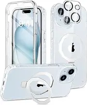 BANLEA for iPhone 15 Case, Built-in Screen Protector & Seamless Stand, with Camera Lens Protector, Strong Magnetic Clear Phone Case, [Anti-Yellowing] Full Protective Cover for 6.1 Inch (Clear)