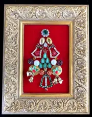 Jewelry Art Christmas Tree OOAK by Clara 7 1/4" x 5 3/4" Framed