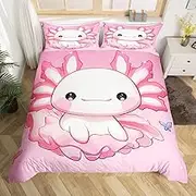Manfei Kawaii Axolotl Kids Duvet Cover Set Toddler Size, Pink Axolotl Princess Bedding Set for Girls Room Decor, Cute Animal Comforter Cover, Lightweight Bedspread Cover, 1 Pillowcase, No Comforter