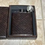 Vintage Stainless Steel Leather? Wrapped Flask 6 oz In Box with/ Funnel