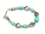 Hearts Bracelet Blue Turquoise Beads Adjustable Fashion Link Bangle