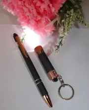 Mini Flashlight LED Keyring / Ballpoint Pen Stylus - Black Rose Gold - Gift Box