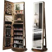 Costway Full Length Revolving Mirror Cabinet Jewelry Cupboard w/Vanity Table Storage Shelves Brown