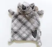 Demdaco Gray Fuzzy Koala Plaid Plush Kisses Rattle Blankie Lovey Knotted 11"