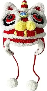 [Wedhapy] Chinese Hat with Pom, Embroidered Crochet Tiger-Head Hat Traditional Chinese Dress, Autumn and Winter Handmade Warm New Year Costume