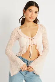 Pink Tie Front Frill Top Long Sleeve Lace - Size 14L, Women's Jacket