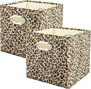 ANMINY 2PCS Storage Cubes Set Leopard Print Large Plush Fabric Storage Bins Boxes Baskets with Handles PP Plastic Board Foldable Closet Shelf Organizer Container for Home Office - Brown, 11"x 11"x 11"