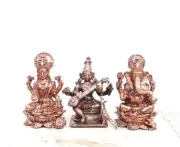 Copper Handmade Goddess Lakshmi Saraswathi & Ganesh Idol Statue Antique Finish