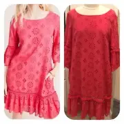 ANTHROPOLOGIE Pink Dress Sz 6,Beaded, Eyelet,Tiered Crochet Fringe, A Line Dani
