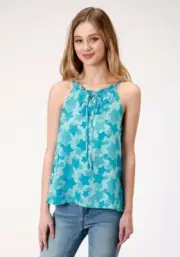 Roper Women's Light blue STAR PRINT SLEEVELESS SHIRT BLOUSE Size XS S M L XL