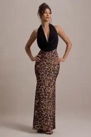 Krystal | Animal Print Deep Plunge-Neck Maxi Dress