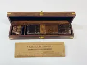 New Vintage Wood & Brass Inlaid Box Set 28 Dominoes & 5 Dice Game Set