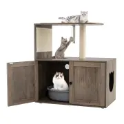 Costway88 cm Tall Wooden Cat Tower with Sisal Scratching Post and Mat Dangling Ball and Top Perch-Grey