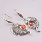 Solid 925 Sterling Silver Fish With Garnet Dangle Earrings 40mm Length