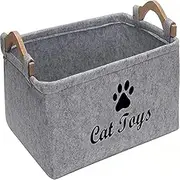 Cat Toy Box Bin Storage Basket with Wooden Handle, Pet Toy Storage Box, Foldable Felt Collapsible Storage Cubes Bin for Organizing Toys Clothes Gifts Closet Shelves Kids Room Office (GY)