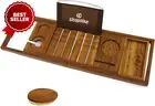 Teak Bathtub Caddy Tray, Adjustable Bath Organizer with Book, Tablet, Wine Glass