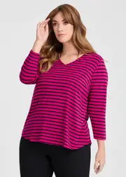 [Taking Shape] Taking Shape Natural Stripe 3 / 4 Sleeve T-shirt Size 18 in Magenta / Black, Viscose - Plus Size Women's Basics Magenta / Black