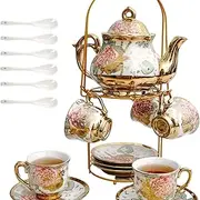 Generic Porcelain Tea Set, Glazed European Coffee Pot, Ceramic Cups and Saucers Set, Beautiful Tea Set Coffee Serving 6 People Teapots for Cafes, Bars, Home