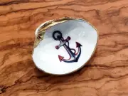 Nautical Anchor Decoupage Clam Shell Trinket Dish in Gold, White, & Red Design