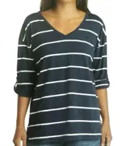New Nautica Women’s V-Neck Top With Roll Tab Sleeves Small S Navy Seas