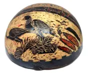 Antique Hand Painted African Coconut Shell Bowl Birds Steamboat Mid Century